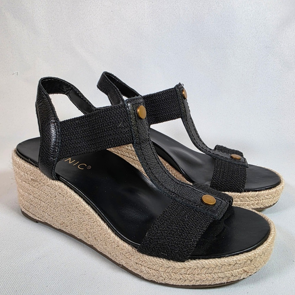 Vionic Calera Black Wedge Sandals Women 6 Espadrille T-Strap Platform Leather